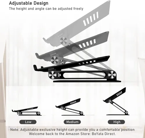 Vista 3 de BoYata Soporte para laptop, elevador ajustable para laptop con silicona deslizante y ganchos protectores, soporte para laptop de hasta 17 pulgadas