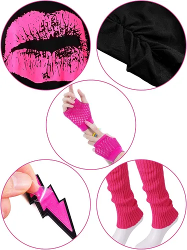 Vista 3 de Blulu 80s Costume Accessories for Women Halloween Outfit Dress Neon Leg Warmers Fishnet Gloves T-shirt Tutu Headband