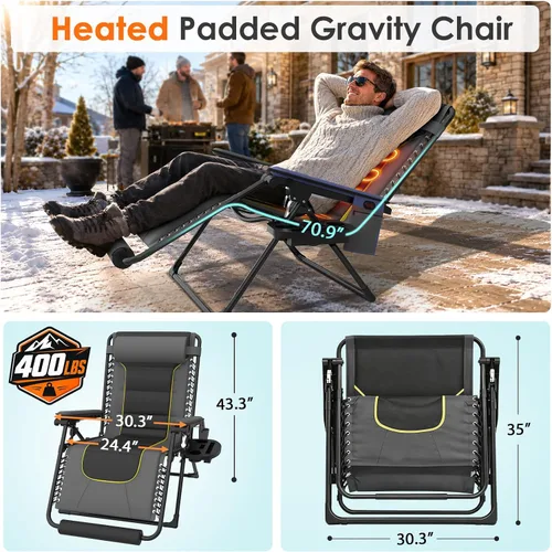 Vista 2 de Suteck Heated Zero Gravity Chair, 400LBS 30.3" Padded Antigravity Chairs Fossil Gray