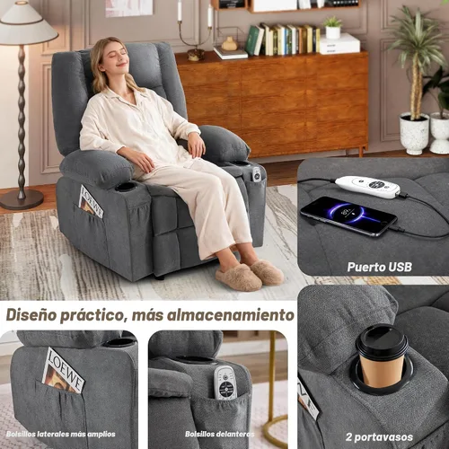 Vista 8 de Rocker - Silla reclinable con masaje y calor, sofá individual ergonómico, mecedoras para sala de estar, cómoda silla reclinable con portavasos Gris