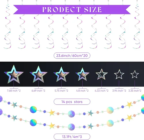 Vista 2 de 37 piezas de decoraciones holográficas iridiscentes para fiestas, remolinos con purpurina, guirnalda de galaxia, suministros de fiesta de estrella