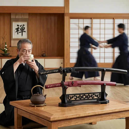 Vista 3 de Barydat Soporte de espada Katana de 2 niveles con diseño recortado, base pesada de madera Samurai soporte con almohadillas de terciopelo, soporte