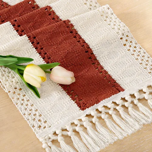 Vista 12 de Socomi Camino de mesa bohemio de verano rústico para comedor, cocina, centro de mesa, decoración pequeña de macramé de algodón y lino, camino