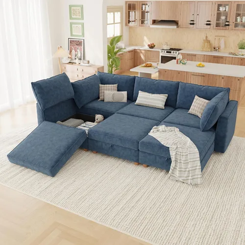 Vista 12 de 95.5" Sofá seccional modular de chenilla con almacenamiento oculto, sofá cama convertible en forma de L y U, sofá seccional moderno de 6 plazas