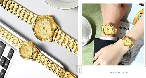 Vista 4 de Reloj de acero inóxidable dorado con cristales estilo clásico para hombre Fq-005