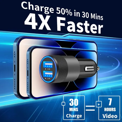 Vista 2 de 【MFi Certified】iPhone 16 Car Charger Fast Charging, SDNCIE 4.8A Dual USB Power Cigarette Lighter USB-C Car Charger Adapter+2Pack Type-C Braided