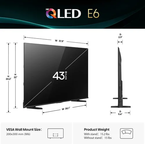 Vista 3 de Hisense 43" Serie E6 Cinema Hi-QLED 4K UHD Smart Fire TV (43E6QF, modelo 2025) - Sensor de luz AI, Dolby Vision · Atmos, control remoto por voz