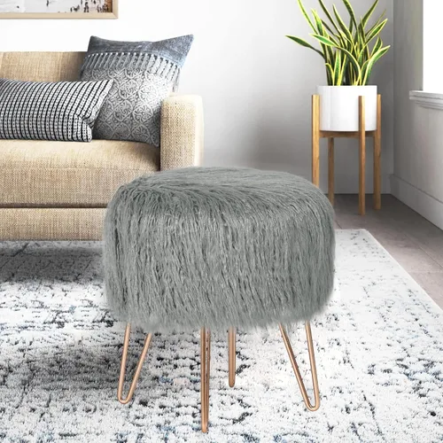Vista 7 de Adeco Taburete otomano redondo de piel sintética con patas de metal, reposapiés suave y peludo, asiento acolchado, muebles decorativos tapizados Gris