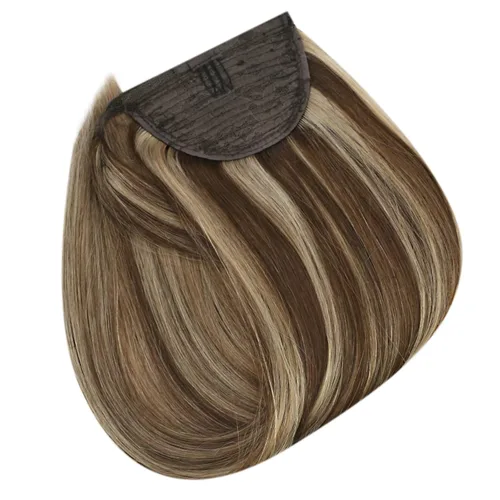 Vista 9 de Extensiones de cabello Full Shine con clip para cola de caballo, cabello humano, tonos medios marrones y rubio miel, envoltura alrededor de la cola