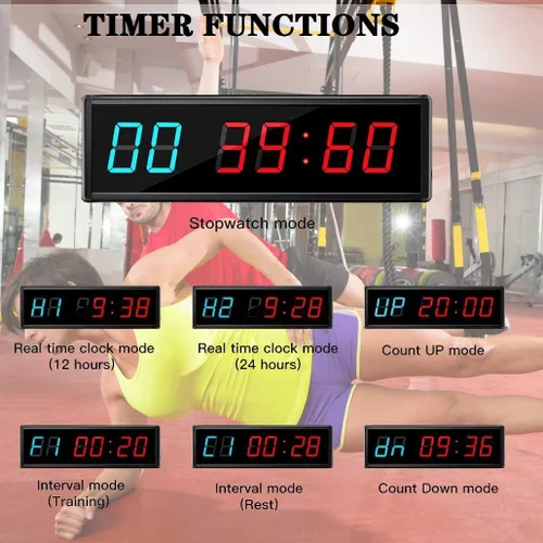 Vista 3 de Temporizador de gimnasio de 3 pulgadas, reloj de fitness para el hogar, Tabata, cuenta regresiva y superior con control remoto (azul rojo)