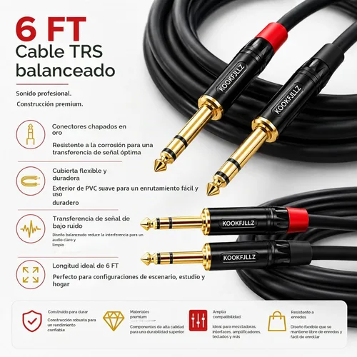 Vista 6 de Cable de altavoces, TRS equilibrado de 6 pies 1/4 ", paquete de 2