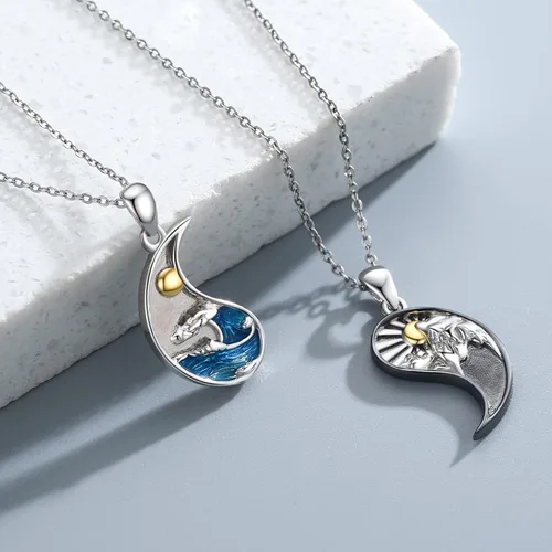 Vista 2 de XIXLES Yin Yang - Collar de plata de ley 925 con luna y sol a juego para parejas, para 2 amistades, mejores amigos, parejas, familiares