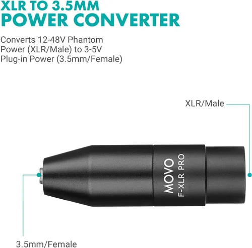 Vista 4 de Movo FXLR-PRO 0.138 in (TRS) Adaptador de micrófono hembra Mini-Jack a conector macho XLR de 3 pines con convertidor de alimentación Phantom