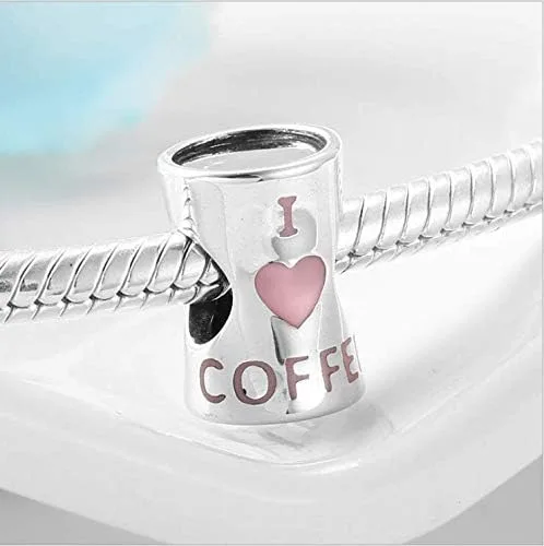 Vista 2 de ABAOLALA Abalorio de plata de ley 925 con forma de corazón con texto "I Love Coffee Beads".