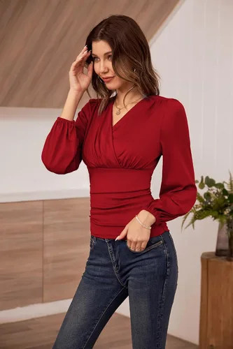 Vista 5 de GRACE KARIN 2024 - Blusa elegante para mujer, cuello en V, manga larga, casual, fruncida