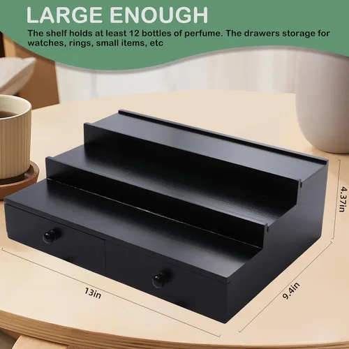 Vista 5 de Organizador de colonia Boulphia para hombre, soporte de colonia de 3 niveles con cajón y compartimento oculto, estante de madera para exhibidor