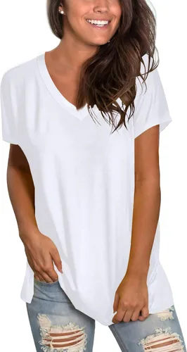Vista 2 de Sipaya - Camiseta básica para mujer con manga corta, cuello en V, corte holgado y estilo casual
