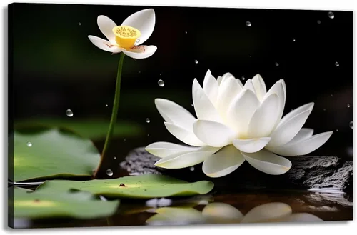 Vista 8 de GLOKAKA Arte de pared de flor de loto blanco zen, loto blanco y negro en piedra de spa y agua, lienzo impreso para yoga, meditación, sala de baño