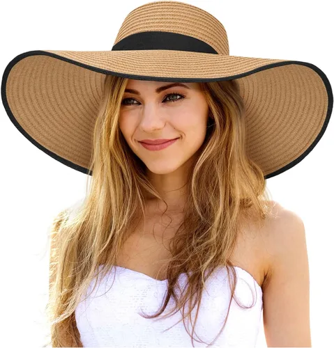 Vista 9 de Sombreros de sol flexibles para mujer, sombrero de playa de paja de ala Caqui