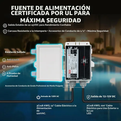 Vista 4 de PN01 LED Sistema de iluminación de piscina enterrada 120V CA 10 pulgadas 40W, 6500K blanco frío, cable de 100 pies