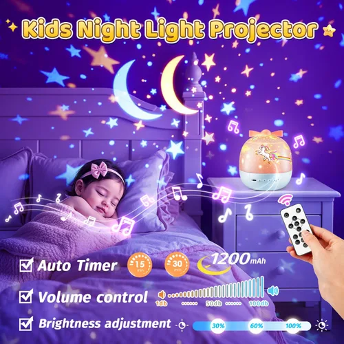 Vista 7 de 【PAQUETE DE REGALO】Regalos de unicornio para niñas, luz nocturna con 15 películas + 10 músicas con sonidos relajantes, máquina de proyección