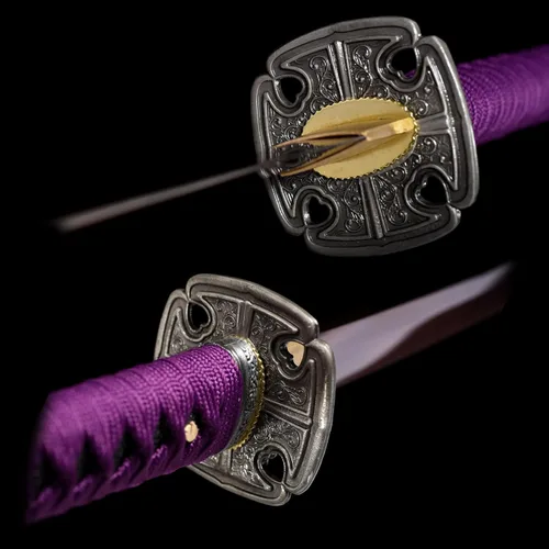 Vista 4 de Katana morada hecha a mano de espiga completa samurái japonesa larga espada de anime cuchillo de 41 pulgadas
