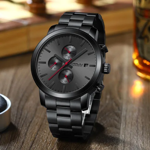 Vista 3 de CRRJU Relojes para hombres de lujo de acero inoxidable impermeable calendario cronógrafo analógico cuarzo relojes de pulsera