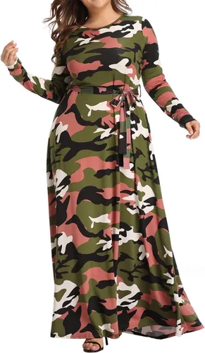 Vista 3 de Vestido largo de camuflaje de talla grande para mujer, vestidos largos estampados de manga larga