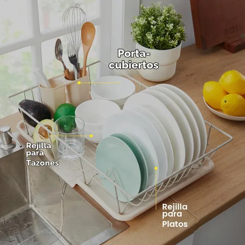 Vista 5 de Sweet Home Collection - Juego de escurridor de platos de 3 piezas que ahorra espacio: Organizador de cocina eficiente para secado rápido y Beige