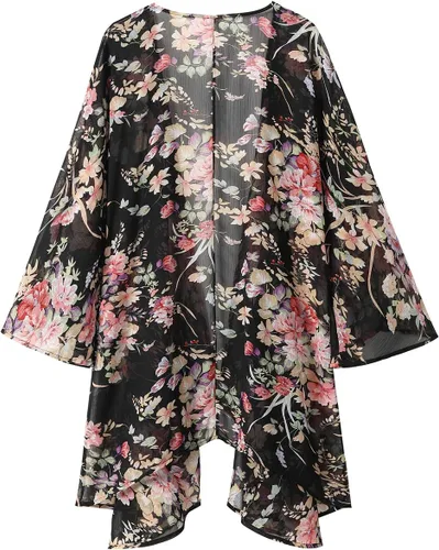 Vista 2 de olrain - Cárdigan estilo kimono holgado y traslúcido, de gasa, con estampado floral, para mujer
