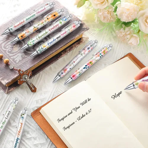 Vista 4 de Sabary 20 bolígrafos con versículo bíblico, con frases inspiradoras de flores cristianas, divertidos bolígrafos retráctiles de tinta para oficina
