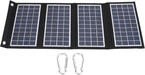 Vista 6 de Panel solar portátil, cargador de panel solar plegable de 30 W 5 V con salidas USB duales, panel solar a prueba de agua de 4 pliegues con 2 ganchos