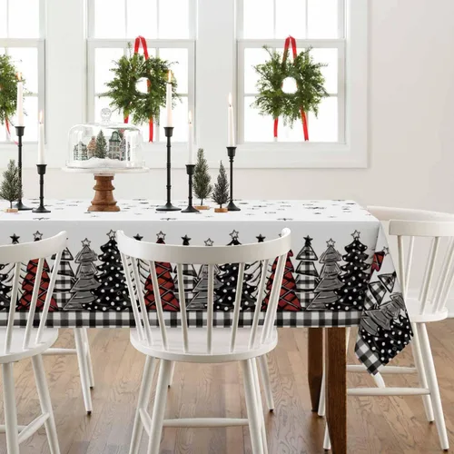 Vista 5 de Horaldaily 1 paquete de mantel desechable de Navidad, cubierta de mesa rectangular de plástico con árboles de nieve para decoración de fiesta
