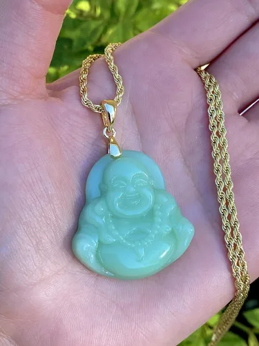 Vista 2 de Collar con colgante de jade verde de Buda sonriente y ríe con cadena de cuerda de jade auténtico certificado de grado A hecho a mano, collar de Buda