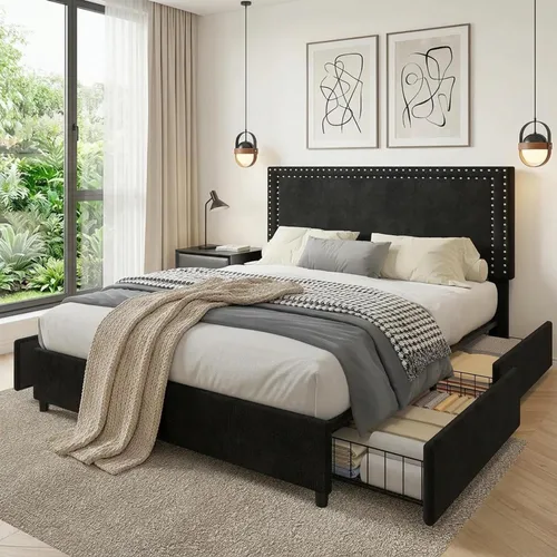 Vista 153 de VECELO Base de cama de plataforma de tamaño individual con cabecera tapizada de altura ajustable, base de colchón moderna, soporte de listones
