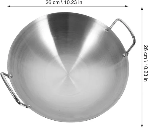 Vista 5 de Luxshiny Sartén para wok de fondo redondo plano de acero inoxidable, capacidad suficiente, sartén para saltear con mango largo, antiadherente, apta