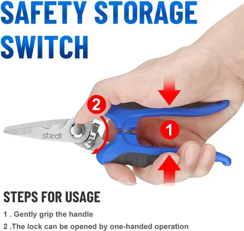 Vista 3 de stedi Tijeras resistentes, tijeras multiusos con cuchillas finamente dentadas, muesca de cable eléctrico de fácil corte, aislamiento, mango cómodo