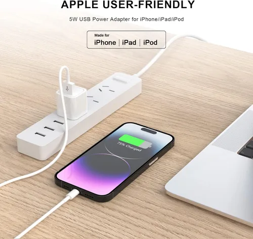 Vista 2 de [Certificado MFi de Apple] Cargador de iPhone, paquete de 2 cargadores de pared USB de carga rápida, adaptador de enchufe de viaje con USB a