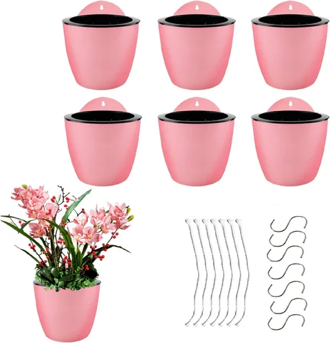 Vista 9 de Paquete de 7 macetas de plástico con riego automático para colgar en la pared, tamaño de 7 pulgadas con 7 ganchos de repuesto para plantas, flores