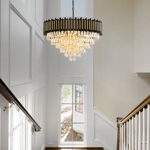Vista 3 de Candelabro moderno de cristal negro y dorado de 15 luces para comedor, sala de estar, redondo, 6 niveles, contemporáneo, colgante de techo, lámpara