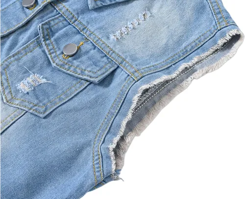 Vista 5 de JiangWu Chaleco de mezclilla corto para mujer, sin mangas, con botones, rasgado, casual, chaqueta, mezclilla-azul