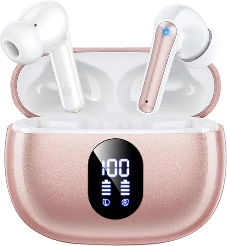 Vista 8 de Auriculares inalámbricos estéreo con graves Bluetooth 5.3, tiempo de reproducción de 48 horas, pantalla LED en el oído con micrófono, IPX7