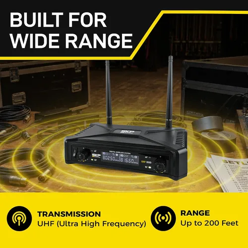 Vista 6 de SKP Pro Audio Sistema de micrófono inalámbrico UHF-300D - Micrófonos inalámbricos de mano dobles con baterías AA, rango de 200 pies, pantalla LCD