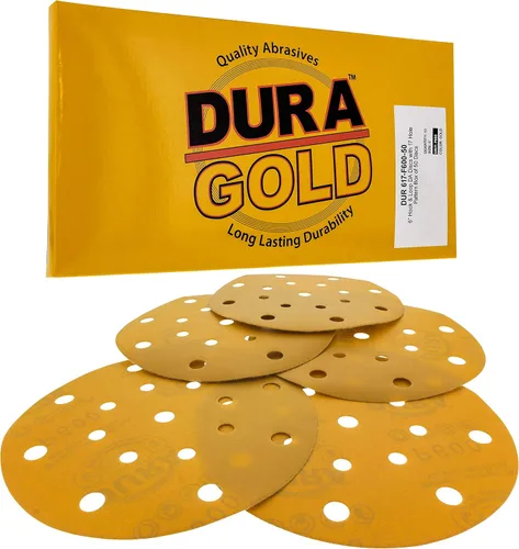 Vista 9 de Dura-Gold Discos de lijado dorados de 6 pulgadas de alta calidad, grano 60 (caja de 50), papel de lija de gancho y bucle sin polvo con patrón de 17