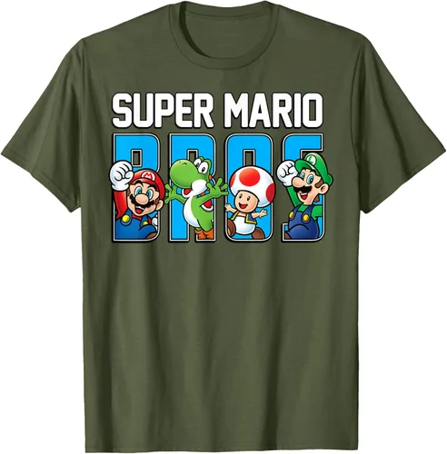 Vista 48 de Super Mario Bros Characters Letter Fill Graphic T-Shirt Camiseta, Negro