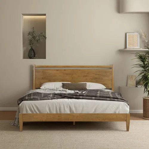 Vista 9 de NTC Adept Marco de cama de madera con cabecero, base de madera de roble macizo y caucho con listones silenciosos y soportes centrales de madera