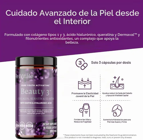 Vista 3 de ResVitale Beauty 3, Suplemento para el cuidado de la piel, 90 cápsulas