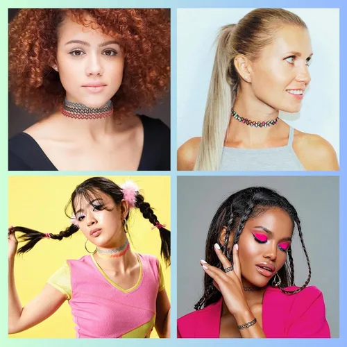Vista 4 de BodyJ4You 12PC Tattoo Choker Necklace for Women - 90s Choker Necklaces Y2K Fashion Trendy Vintage - Emo Black Choker Rainbow Pink White Purple Neon