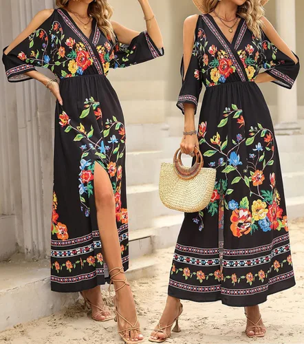 Vista 5 de futurino Vestido midi bohemio con estampado floral para mujer, cuello en V, manga 34, acampanado, con abertura, listo para las vacaciones, tribal