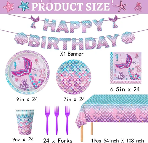 Vista 2 de Juego de 122 decoraciones para fiesta de cumpleaños de sirena, incluye platos, servilleta, tenedor, taza, mantel, pancarta para baby shower